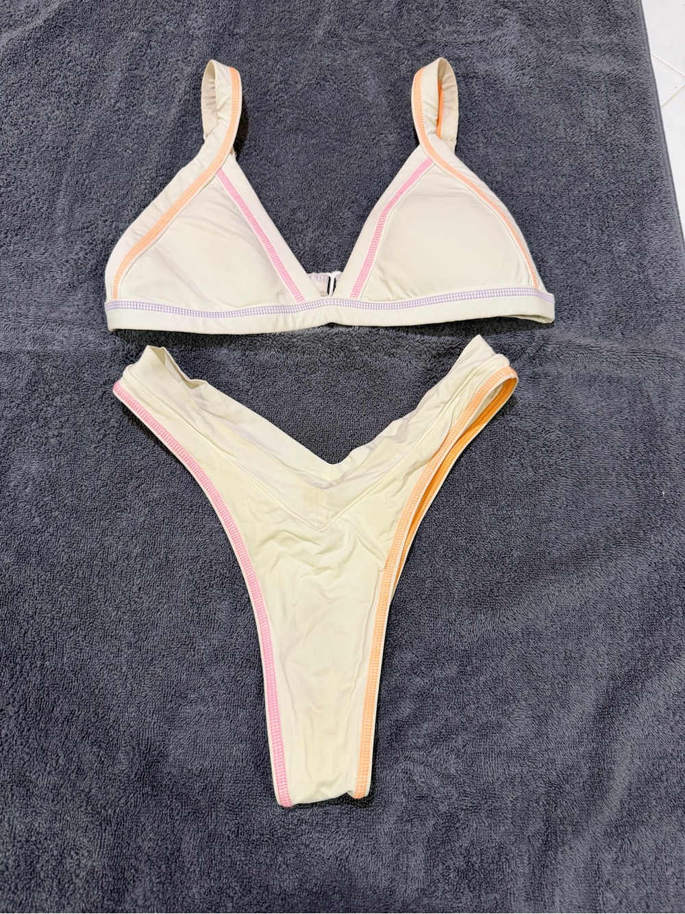 Cream Triangle Bikini Set with Pink & Peach Trim